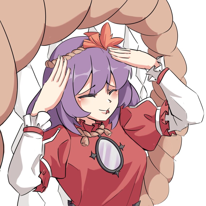 1girl :p ah_eto..._bleh_(meme) black_skirt breasts closed_eyes closed_mouth forked_tongue hands_on_own_head highres layered_sleeves long_sleeves medium_breasts medium_hair meme praeto purple_hair red_shirt rope shimenawa shirt short_over_long_sleeves short_sleeves simple_background skirt smile solo tongue tongue_out touhou white_background white_shirt yasaka_kanako