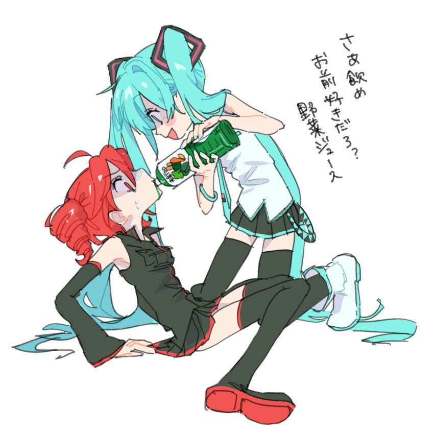 2girls ahoge ao_6336 aqua_hair aqua_necktie bare_arms bare_shoulders black_shirt black_skirt black_sleeves black_thighhighs blush_stickers boots bottle bracelet drill_hair drinking feeding force-feeding hair_ornament hatsune_miku highres holding holding_bottle jewelry kasane_teto kneeling lanyard leaning_forward long_hair looking_at_another lyrics miniskirt multiple_girls necktie open_mouth pleated_skirt poppippoo_(vocaloid) red_eyes red_hair shaded_face shirt shoe_soles short_hair sitting skirt sleeveless sleeveless_shirt smile sweat thighhighs translated twintails utau v-shaped_eyebrows vegetable_juice very_long_hair vocaloid white_footwear zettai_ryouiki