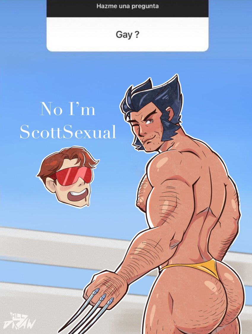 2boys all_drawparty artist_name bara beard_stubble biceps bikini black_hair blush brown_hair claws cyclops_(x-men) english_text facial_hair gay?_no_(meme) glasses hairy highres looking_at_viewer male_focus manly marvel mature_male meme multiple_boys muscular muscular_arms muscular_male nipples nose_blush one_eye_closed pectorals signature smirk spanish_text spiked_hair stubble swimsuit thick_eyebrows thighs thong thong_bikini translated very_hairy wolverine_(x-men) x-men x-men:_the_animated_series yaoi yellow_eyes