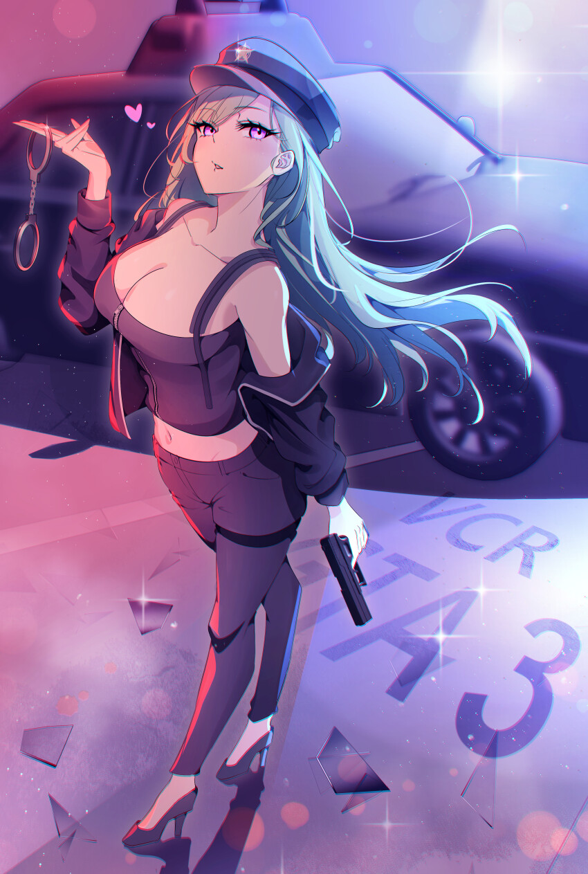 1girl absurdres bare_shoulders black_footwear black_hat black_jacket black_pants black_tube_top blowing_kiss breasts car cleavage crop_top cuffs green_hair gun handcuffs handgun hat heart high_heels highres holding holding_gun holding_handcuffs holding_weapon jacket kiiro_(cocoa080) large_breasts lens_flare long_hair looking_at_viewer midriff motor_vehicle open_clothes open_jacket pants peaked_cap police police_uniform policewoman purple_eyes shoes solo standing strapless suspenders tube_top very_long_hair virtual_youtuber vspo! weapon yakumo_beni