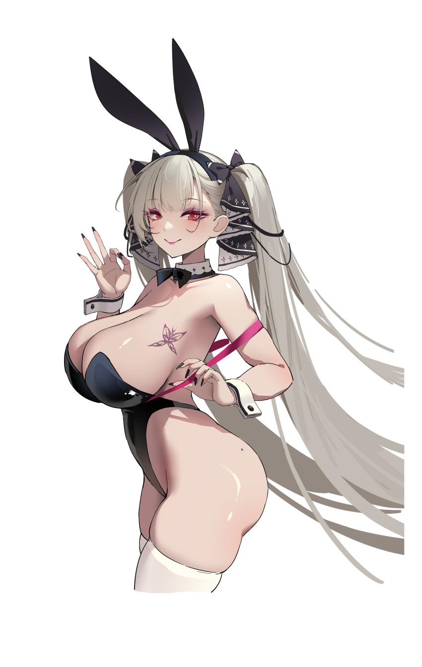 absurdres animal_ears azur_lane black_bow black_bowtie black_leotard black_nails bow bowtie breast_tattoo breasts butterfly_tattoo cleavage cowboy_shot detached_collar fake_animal_ears formidable_(azur_lane) grey_hair hair_ribbon highleg highleg_leotard highres large_breasts leotard long_hair playboy_bunny rabbit_ears red_eyes ribbon senyee strapless strapless_leotard tattoo thighhighs twintails two-tone_ribbon wrist_cuffs