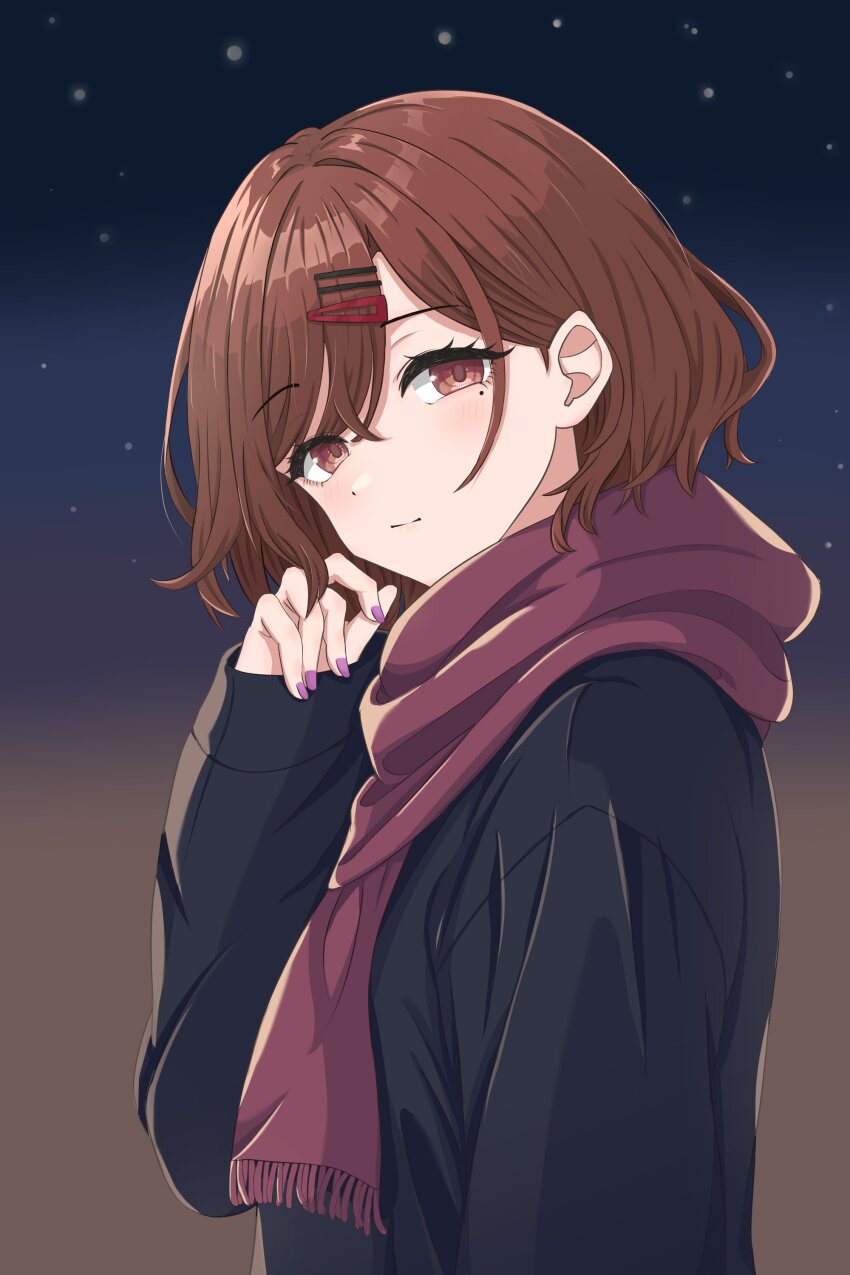 1girl absurdres black_jacket blush brown_eyes brown_hair closed_mouth commentary_request hand_up highres higuchi_madoka idolmaster idolmaster_shiny_colors jacket light_smile looking_at_viewer margin_0825 mole mole_under_eye night night_sky pink_scarf purple_nails scarf short_hair simple_background sky solo upper_body