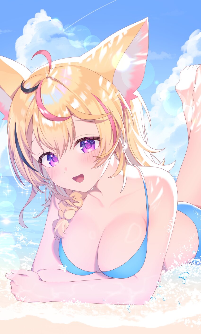 1girl absurdres ahoge animal_ears bare_shoulders barefoot beach bikini black_hair blonde_hair blue_bikini breasts cloud collarbone commentary fox_ears fox_girl highres hololive kio_is_here large_breasts lying medium_hair multicolored_hair ocean omaru_polka on_stomach pink_hair sand solo sunlight swimsuit the_pose virtual_youtuber