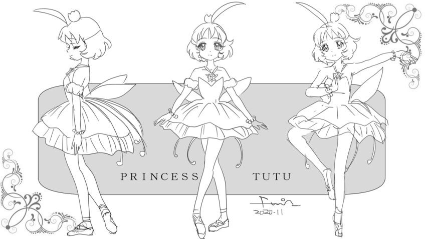 1girl ahiru_(princess_tutu) ahoge ballerina ballet ballet_dress ballet_slippers bare_shoulders character_name closed_mouth detached_sleeves en_pointe from_side full_body fumia greyscale jewelry looking_at_viewer monochrome multiple_views necklace princess_tutu princess_tutu_(character) short_hair simple_background sleeveless standing standing_on_one_leg white_background