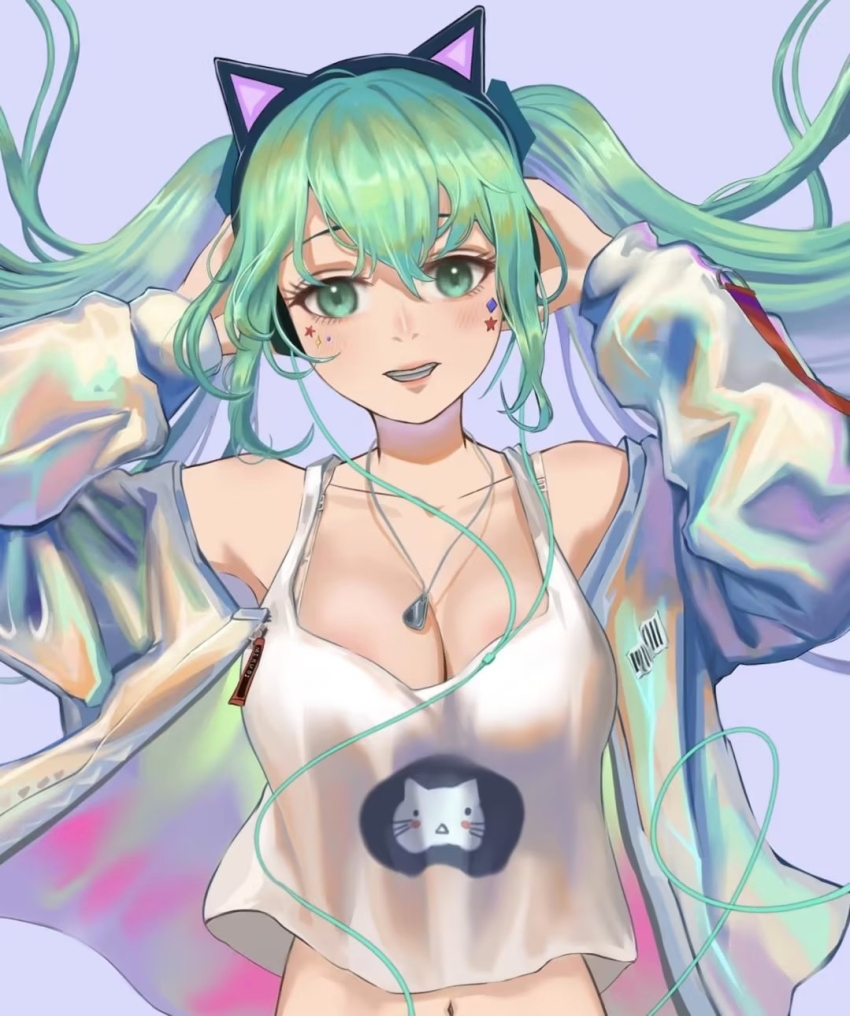 1girl animal_ear_headphones animal_ears armpits breasts camisole cat_ear_headphones cleavage collarbone commentary facial_mark fake_animal_ears green_eyes green_hair grin hair_between_eyes hands_on_headphones hands_up hatsune_miku headphones highres jacket jewelry long_hair long_sleeves looking_at_viewer medium_breasts midriff multicolored_clothes multicolored_jacket navel open_clothes open_jacket pendant purple_background smile solo star_(symbol) star_facial_mark twintails upper_body vocaloid white_camisole xiao_huang