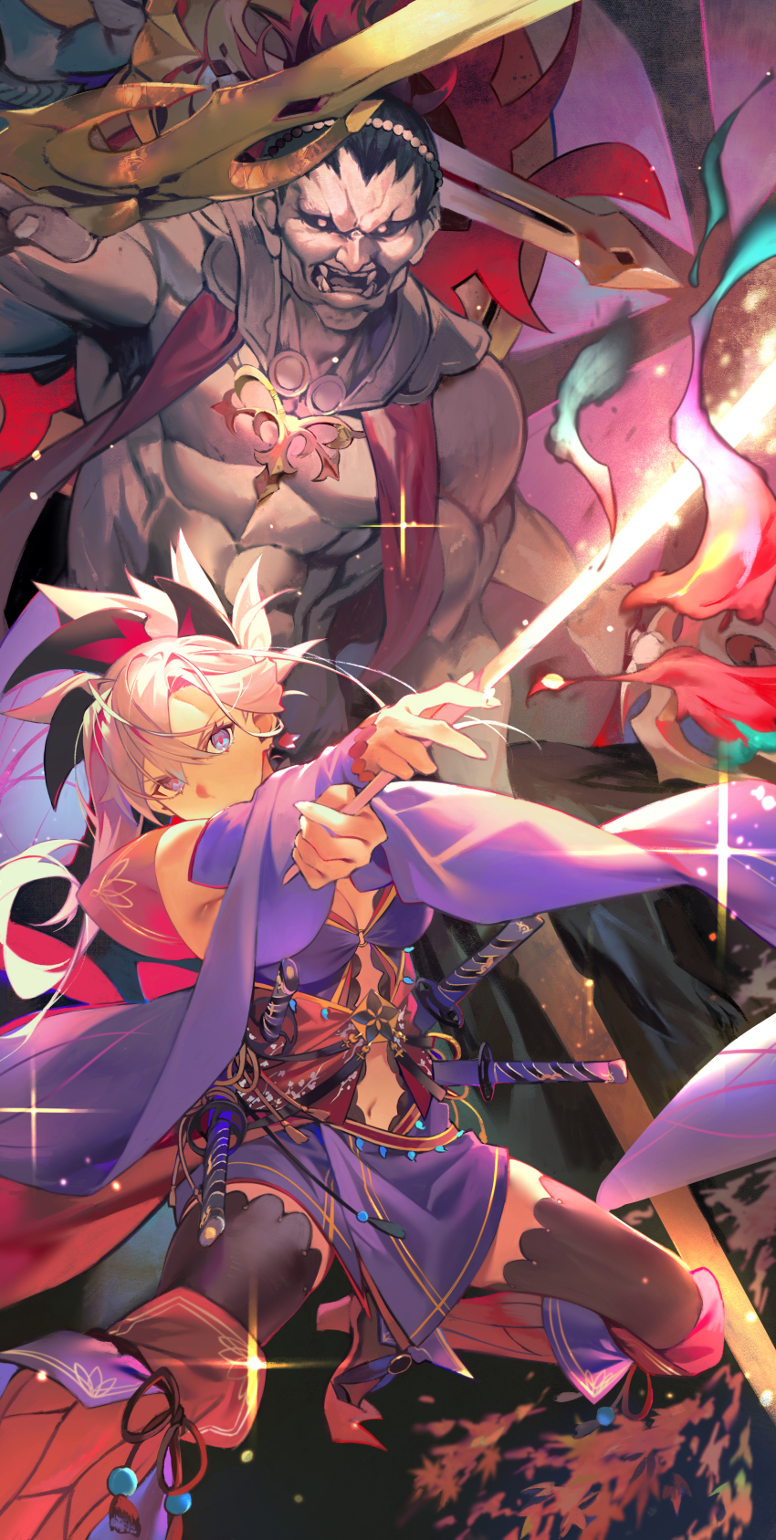 1girl absurdres asymmetrical_hair black_thighhighs blue_eyes breasts cleavage clothing_cutout detached_sleeves earrings fate/grand_order fate_(series) glowing glowing_sword glowing_weapon highres hiro_(hirohiro_gorira) holding holding_sword holding_weapon japanese_clothes jewelry katana kimono leaf maple_leaf miyamoto_musashi_(fate) miyamoto_musashi_(third_ascension)_(fate) navel_cutout pink_hair purple_kimono revision sheath sheathed short_kimono single_sidelock sleeveless sleeveless_kimono sparkle swept_bangs sword thighhighs unsheathed weapon wide_ponytail