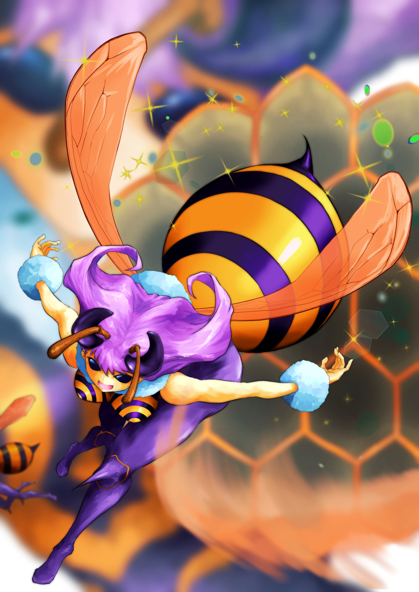 arthropod_girl bee bee_girl black_eyes bug capcom fur_collar highleg highleg_leotard highres honeycomb_(pattern) honeycomb_background insect insect_girl insect_wings leotard minokichi_(arufooto25) monster_girl pantyhose purple_hair purple_pantyhose q-bee stinger darkstalkers wings