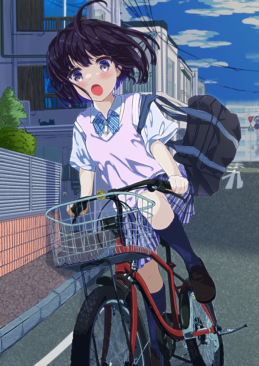 1girl :o bag bicycle black_bag black_hair black_socks blue_bow blue_bowtie blush bow bowtie brown_footwear collared_shirt commentary_request day diagonal-striped_bow diagonal-striped_bowtie diagonal-striped_clothes dress_shirt floating_hair fushimi_asuha grey_eyes highres loafers miniskirt open_mouth original outdoors pink_sweater_vest plaid_clothes plaid_skirt pleated_skirt purple_skirt riding riding_bicycle road school_bag school_uniform shirt shoes shoulder_bag skirt socks solo striped_clothes sweater_vest white_shirt