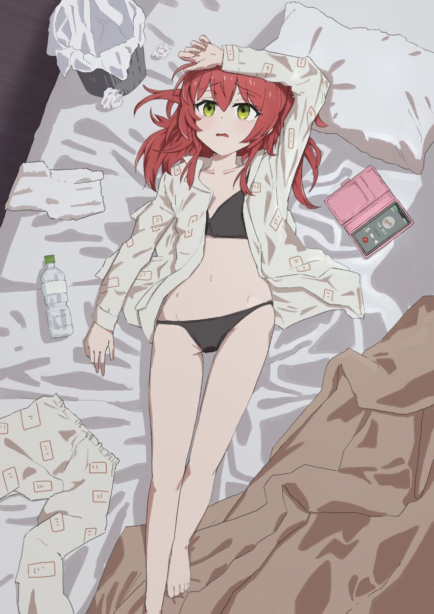 1girl absurdres barefoot bed_sheet black_bra black_panties bocchi_the_rock! bottle bra cellphone disheveled futon green_eyes hair_between_eyes highres implied_after_masturbation indoors kita_ikuyo lying messy_hair navel on_back on_bed open_clothes open_shirt panties pants phone phone_sex pillow red_hair smartphone tiphereth trash_can underwear unworn_pants water_bottle