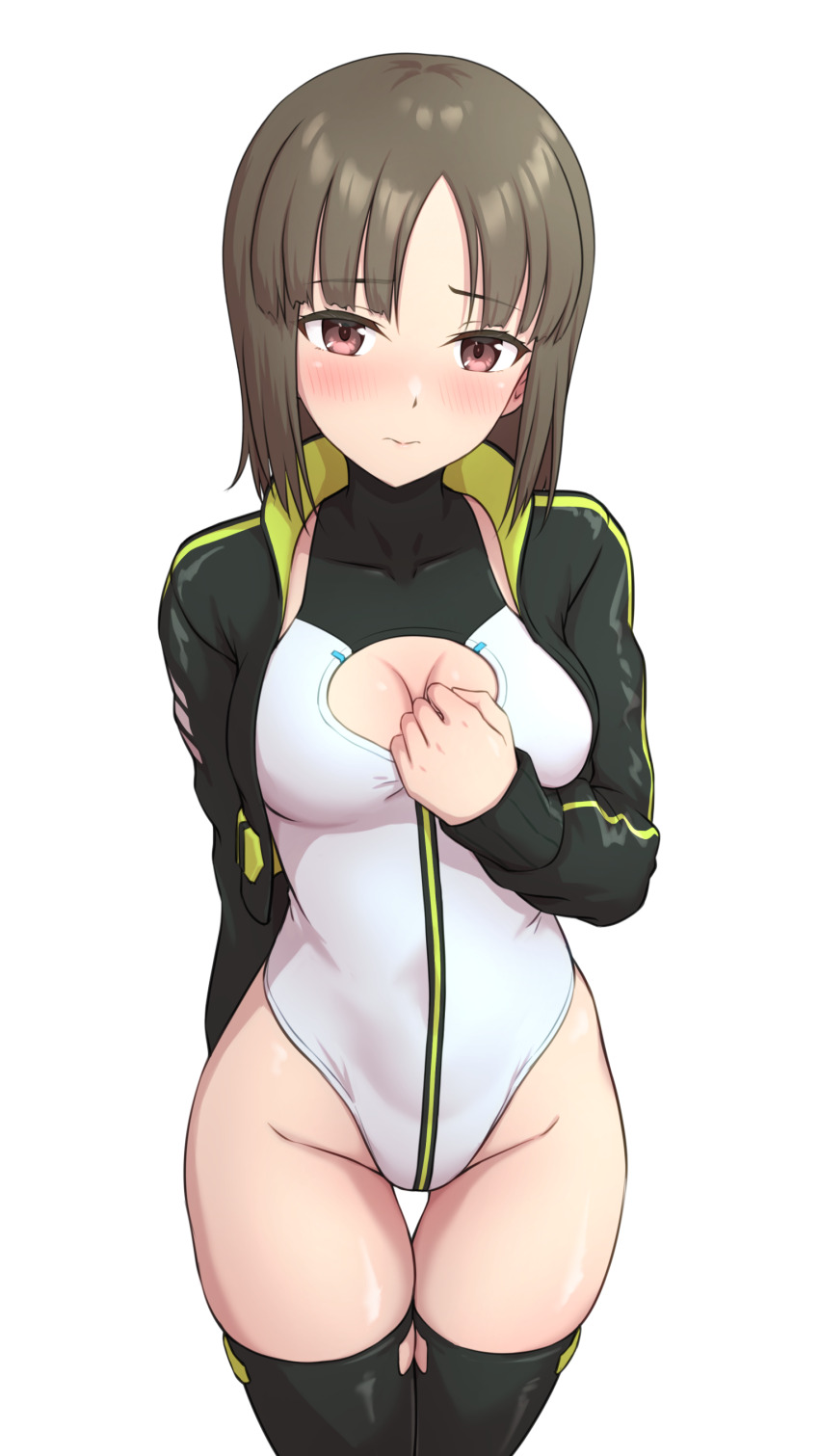 1girl absurdres alice_gear_aegis black_jacket black_thighhighs bow bowtie breasts brown_eyes brown_hair circle_cutout cleavage_cutout clothing_cutout companion/af covered_collarbone front_zipper full-length_zipper futami_kyouko heattech_leotard highleg highleg_leotard highres hutokumi jacket leotard looking_at_viewer race_queen short_hair sleeveless_turtleneck_leotard solo thigh_gap thighhighs turtleneck two-tone_leotard white_leotard zipper zipper_leotard zipper_pull_tab