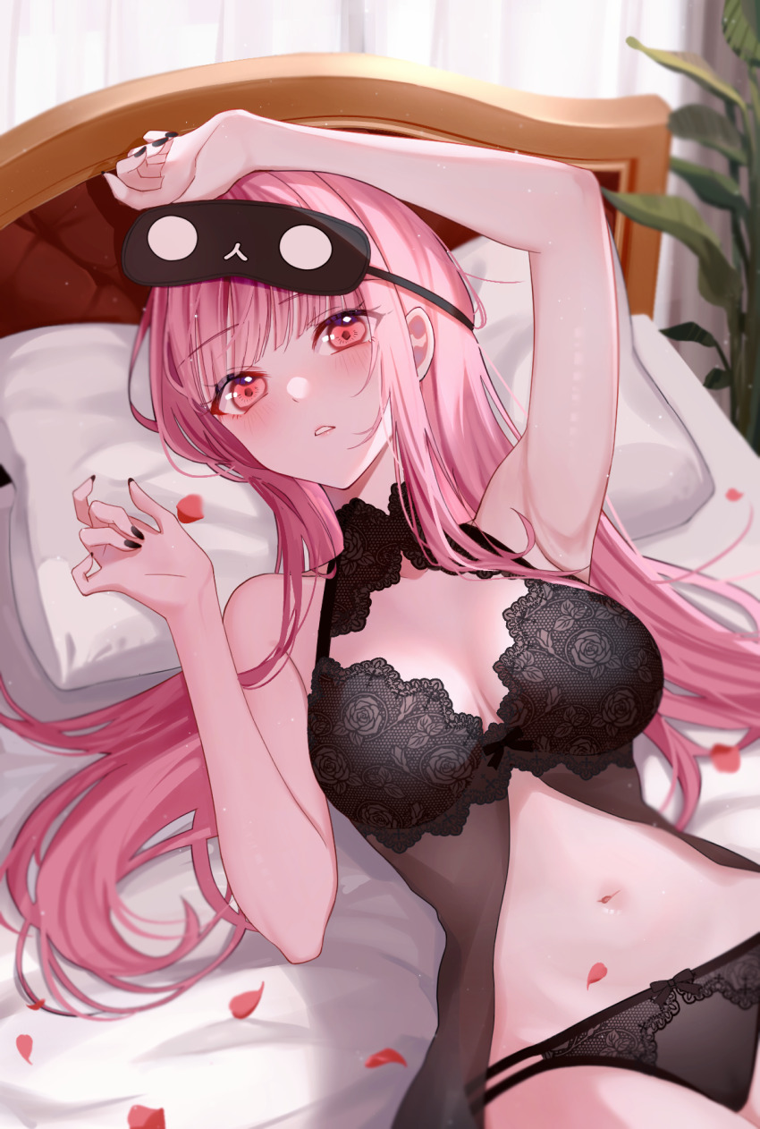 1girl arm_over_head bed black_bow black_mask black_nails black_nightgown black_panties blunt_bangs blush bow bow_panties breasts collarbone commentary curtains fingernails floral_print highres hololive hololive_english lace lace-trimmed_nightgown lace_panties lace_trim large_breasts lingerie long_hair looking_at_viewer lying mask mask_on_head mori_calliope mori_calliope_(sleepwear) nail_polish navel nightgown on_back panties petals pillow pink_eyes pink_hair plant shirase_rin sleep_mask solo stomach underwear virtual_youtuber