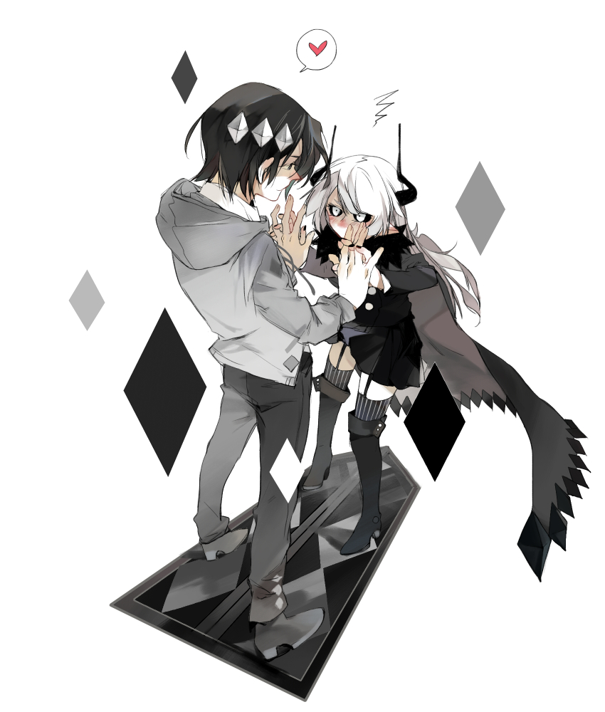 1boy 1girl black_hair black_nails black_sclera blush boots cape colored_sclera commentary couple demon_girl demon_horns diamond_(shape) egg-byo etihw_(funamusea) full_body funamusea garter_straps genderswap genderswap_(ftm) genderswap_(mtf) haiiro_teien hair_ornament heart height_difference highres hood hood_down hoodie horns interlocked_fingers kcalb_(funamusea) knee_boots long_hair looking_at_another nose_blush short_hair simple_background spoken_heart striped_clothes striped_thighhighs sway_back thighhighs white_eyes white_hair