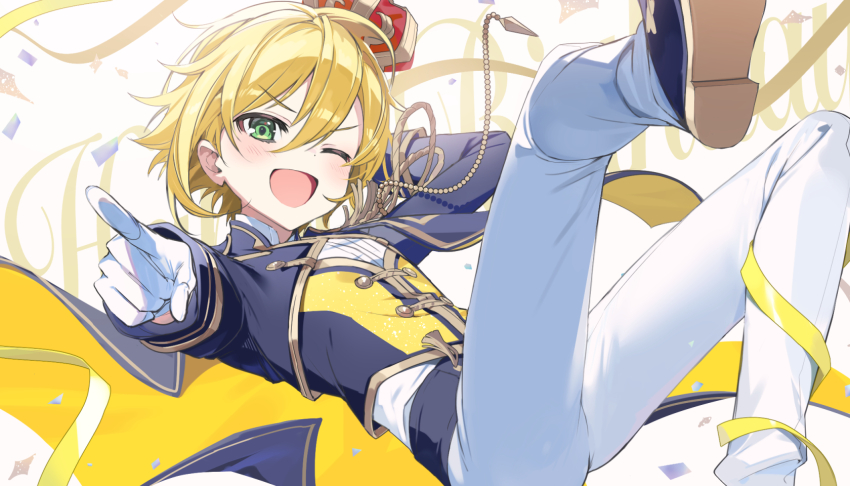 1boy arm_behind_head blonde_hair crown foot_up fuubuu gloves green_eyes hair_between_eyes hair_flaps highres long_sleeves looking_at_viewer male_focus nijisanji official_alternate_costume one_eye_closed open_mouth pants pointing pointing_at_viewer shoe_soles shoes short_hair smile solo uzuki_kou v-shaped_eyebrows virtual_youtuber white_gloves white_pants