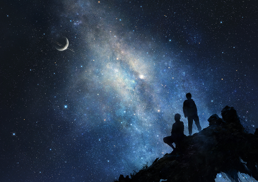 2boys commentary_request crescent_moon iy_tujiki milky_way moon multiple_boys night night_sky original outdoors scenery sitting sky sky_focus standing star_(sky) starry_sky