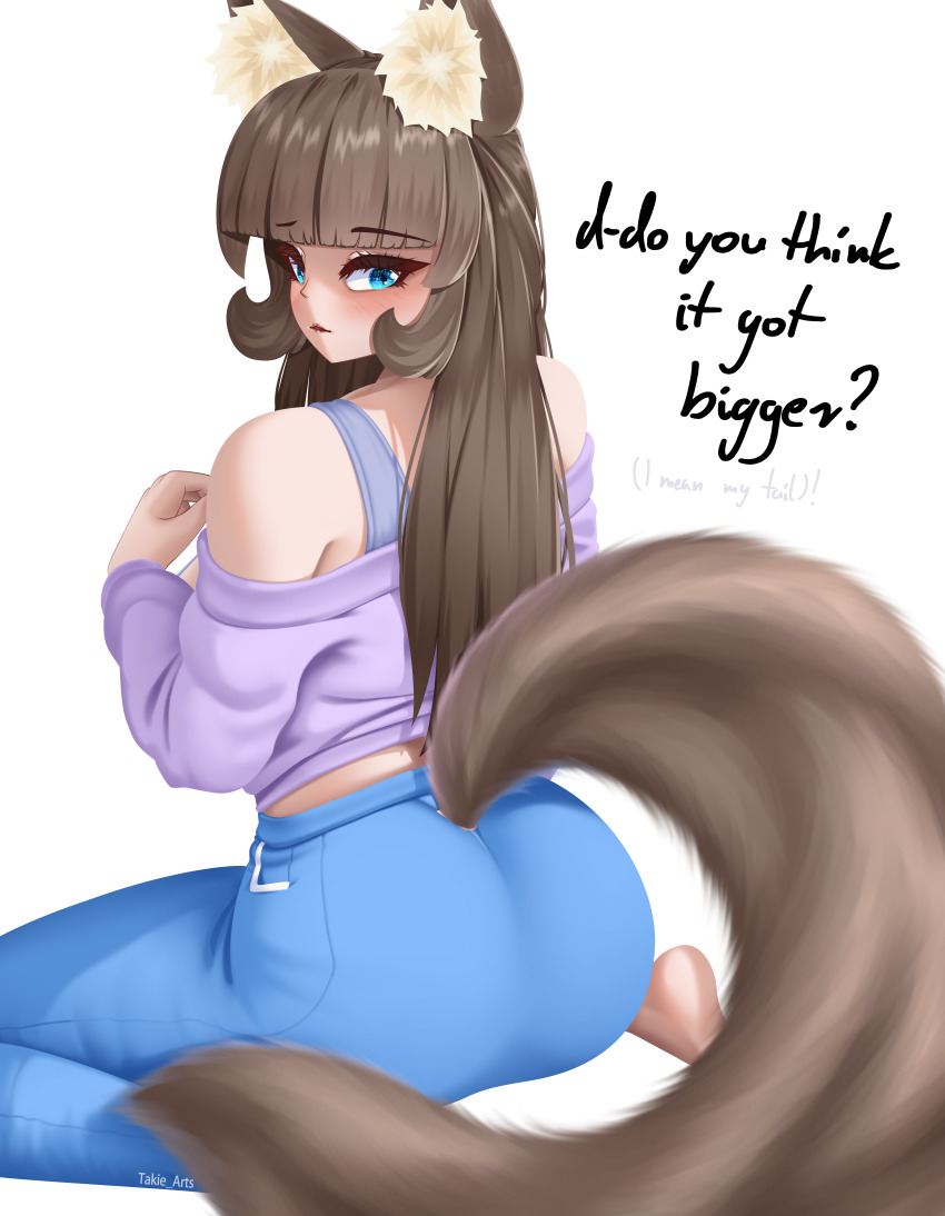 1girl absurdres animal_ear_fluff animal_ears ass back bare_shoulders barefoot blue_eyes blue_leggings blunt_bangs brown_hair cat_ears cat_girl cat_tail fluffy highres leggings long_hair long_sleeves looking_back original puffy_sleeves purple_sweater sitting sweater tail takie takie_arts text_focus very_long_hair white_background