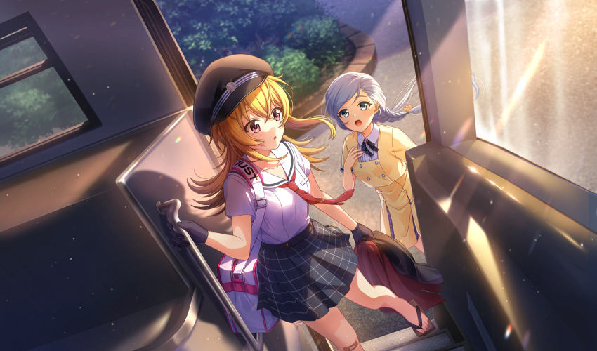 2girls bag bandaid bandaid_on_knee bandaid_on_leg black_gloves black_hat blonde_hair braid brown_eyes bus_interior cinderella_series dress dutch_angle eye_contact film_grain floating_hair gakuran gakuseibou game_cg geta gloves green_eyes grey_skirt hachigatsu_no_cinderella_nine hat highres holding holding_jacket holding_unworn_clothes iwaki_yoshimi jacket light_particles long_hair looking_at_another low_twin_braids multiple_girls necktie no_socks non-web_source official_art onizuka_kiri open_mouth plaid_clothes plaid_skirt pleated_skirt red_necktie sailor_collar school_uniform serafuku shirt short_sleeves shoulder_bag skirt standing twin_braids unworn_jacket white_bag white_hair white_sailor_collar white_shirt yellow_dress