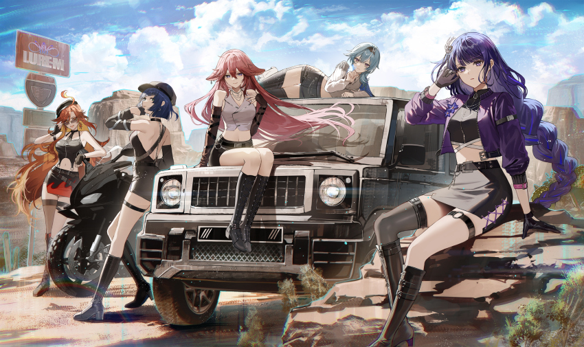 5girls ahoge animal_ears backless_outfit bare_arms bare_back bare_shoulders baseball_cap beret black_footwear black_gloves black_hat black_shorts blue_hair blue_sky boots cloud commentary crop_top day earrings elbow_gloves eula_(genshin_impact) fingerless_gloves fox_ears genshin_impact gloves grey_shirt hat high-waist_shorts high-waist_skirt highres jewelry kuga_huna mavuika_(genshin_impact) mercedes-benz mercedes-benz_g-class midriff miniskirt motor_vehicle multiple_girls navel official_art orange_hair pink_hair purple_eyes purple_hair raiden_shogun red_skirt shirt short_shorts shorts sitting skirt sky sleeveless sleeveless_shirt sunglasses thigh_strap yae_miko yelan_(genshin_impact)