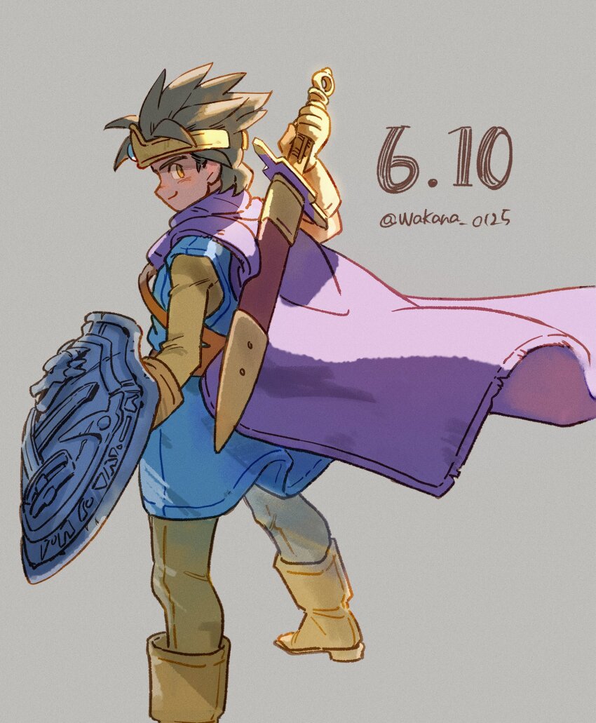 1boy black_hair blue_tunic boots cape circlet closed_mouth dated dragon_quest dragon_quest_iii floating_cape foot_out_of_frame from_side gloves grey_background hero_(dq3) highres holding holding_shield holding_sword holding_weapon knee_boots long_sleeves looking_at_viewer male_focus pants purple_cape roto_(dq3) shield shirt short_hair simple_background smile solo spiked_hair standing sword tunic twitter_username wakana_0125 weapon weapon_on_back yellow_footwear yellow_gloves yellow_shirt