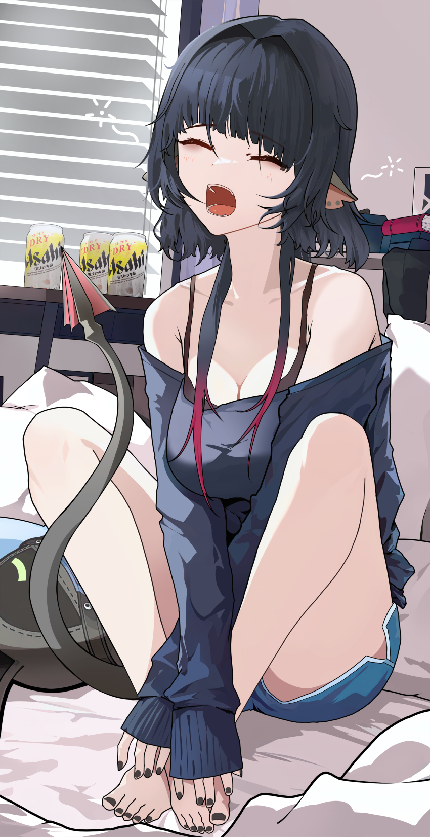 1girl absurdres alternate_costume animal_ears armpit_crease bare_legs bare_shoulders barefoot beer_can black_hair black_nails black_shirt blue_shorts breasts can cleavage closed_eyes collarbone commentary dolphin_shorts drink_can gradient_hair highres indoors jane_doe_(zenless_zone_zero) large_breasts legs long_sleeves moose_tail mouse_ears mouse_girl multicolored_hair nail_polish off-shoulder_shirt off_shoulder on_bed open_mouth revision ryeon_(bluetom1) sharp_tail shirt shorts sidelocks sitting solo squeans tail toenail_polish toenails toes waking_up window_blinds yawning zenless_zone_zero