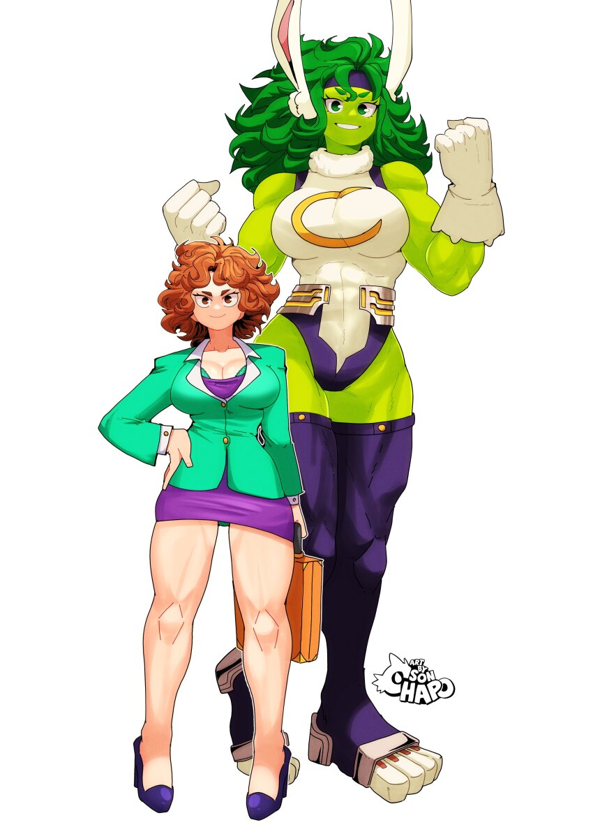 1girl absurdres bodysuit boku_no_hero_academia breasts briefcase brown_eyes brown_hair colored_skin cosplay full_body giant giantess gloves green_eyes green_hair green_skin hand_on_own_hip high_heels highres jennifer_sunnan_walters large_breasts lawyer marvel mirko muscular muscular_female office_lady pencil_skirt she-hulk skirt smile sonchapo thighhighs transformation white_background