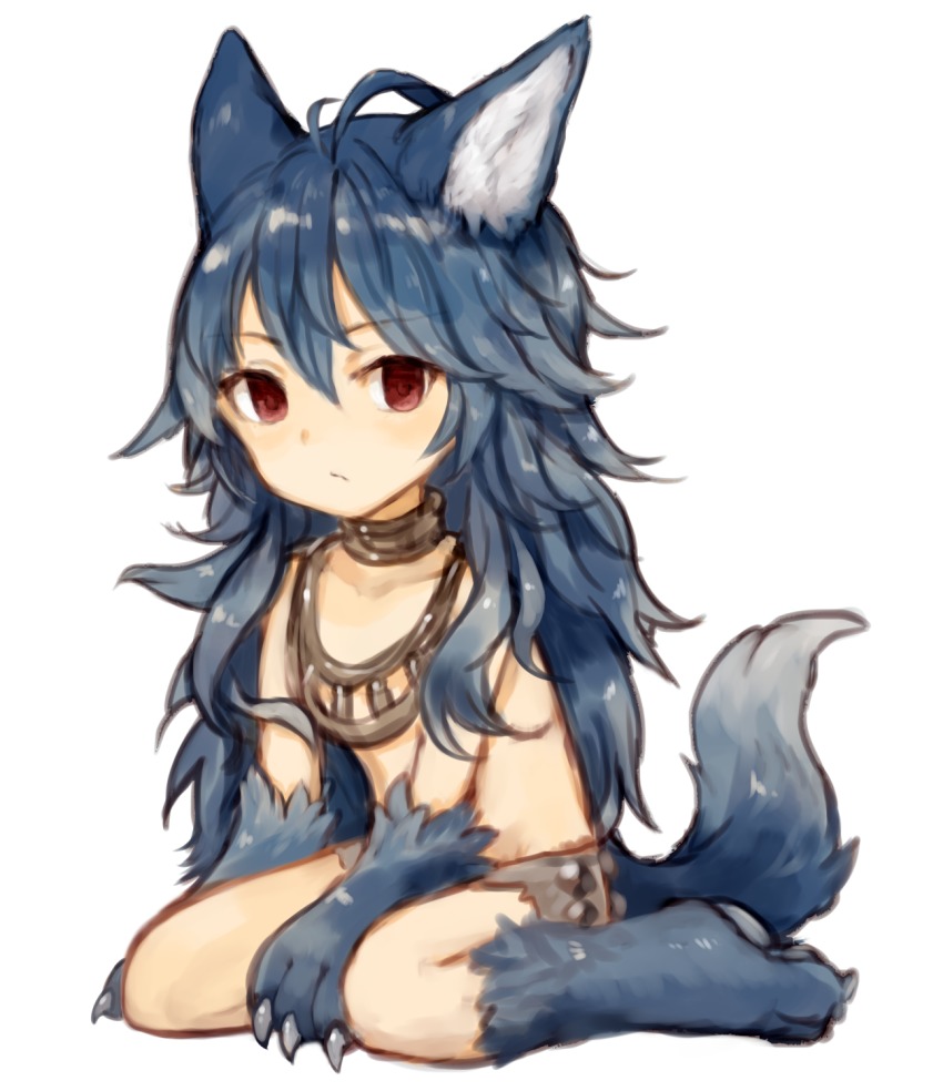 1girl animal_ears animal_hands antenna_hair between_legs blue_hair closed_mouth female_focus fenrir_(shingeki_no_bahamut) full_body fur granblue_fantasy hand_between_legs highres jewelry long_hair looking_at_viewer monster_girl necklace red_eyes shingeki_no_bahamut simple_background sitting solo sukemyon tail wariza white_background wolf_ears wolf_tail