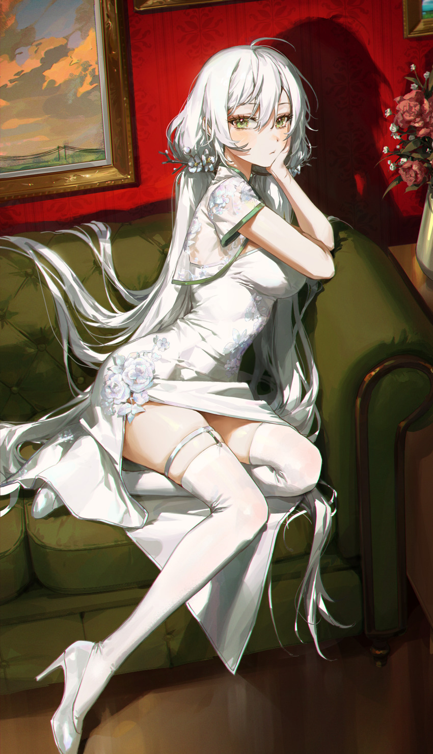 1girl absurdres cheek_rest china_dress chinese_clothes couch dress dress_flower elbow_rest flower from_side hand_on_own_face high_heels highres indoors long_hair looking_at_viewer low_twintails on_couch original shadow short_sleeves sitting solo thigh_strap thighhighs twintails white_dress white_footwear white_thighhighs ye_jji