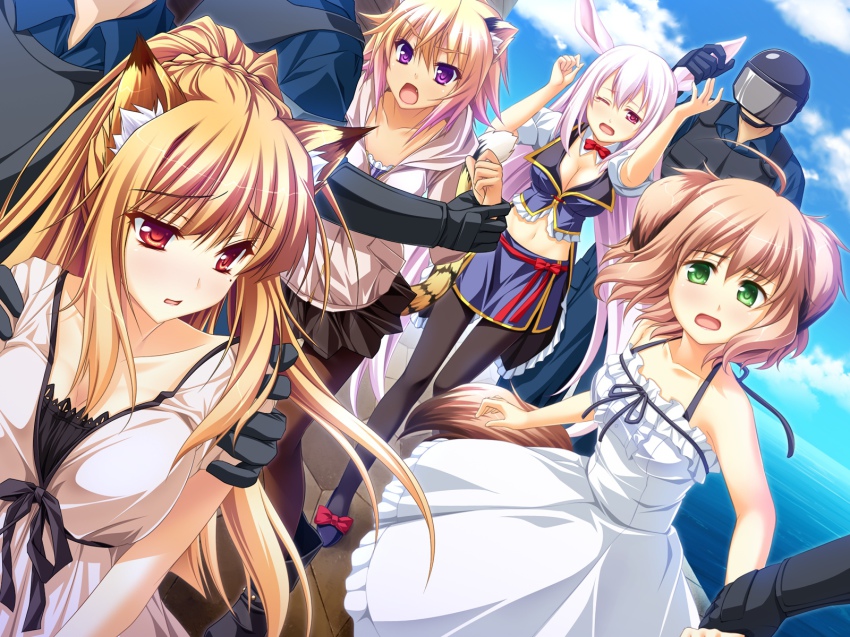 2boys 4girls animal_ears blonde_hair blush breasts brown_hair byoubu_tetora cleavage dog_ears dog_girl dog_tail dress fang fox_ears fox_girl frills game_cg gradient_hair green_eyes highres holding_another&#039;s_wrist koya_chachako kusahara_hanemi large_breasts long_hair miyama_kon mole multicolored_hair multiple_boys multiple_girls no_bra otomimi_infinity outdoors pink_eyes pink_hair purple_eyes rabbit_ears rabbit_girl ribbon scared sky tail tears tiger_ears tiger_girl tiger_tail water