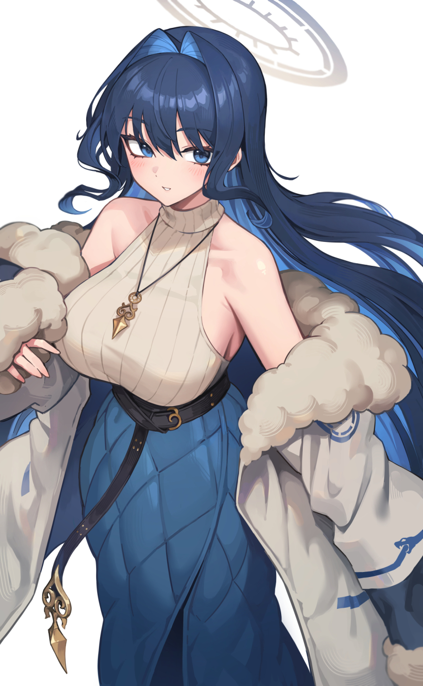 1girl bare_shoulders belt black_belt blue_eyes blue_hair blue_skirt breasts coat commentary english_commentary from_above fur-trimmed_coat fur_trim grey_coat grey_halo hair_intakes halo highres hololive hololive_english jewelry large_breasts long_hair long_skirt looking_to_the_side necklace off_shoulder oopartz_yang ouro_kronii ribbed_shirt shirt sidelocks skirt sleeveless sleeveless_shirt solo turtleneck turtleneck_shirt very_long_hair virtual_youtuber white_background