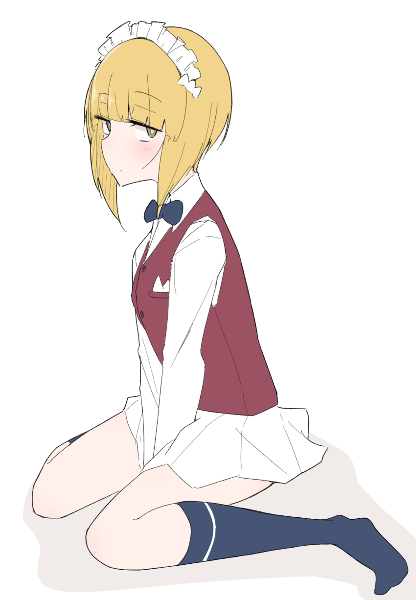 1girl ame_(amechan17391739) bartender black_bow black_bowtie blonde_hair blue_socks blunt_bangs bob_cut bow bowtie brown_vest closed_mouth cutlass_(girls_und_panzer) dress_shirt from_side full_body girls_und_panzer half-closed_eyes handkerchief highres kneehighs light_frown long_sleeves looking_at_viewer maid_headdress miniskirt pleated_skirt shirt short_hair simple_background single_horizontal_stripe sitting skirt socks solo v_arms vest wariza white_background white_shirt white_skirt wing_collar yellow_eyes