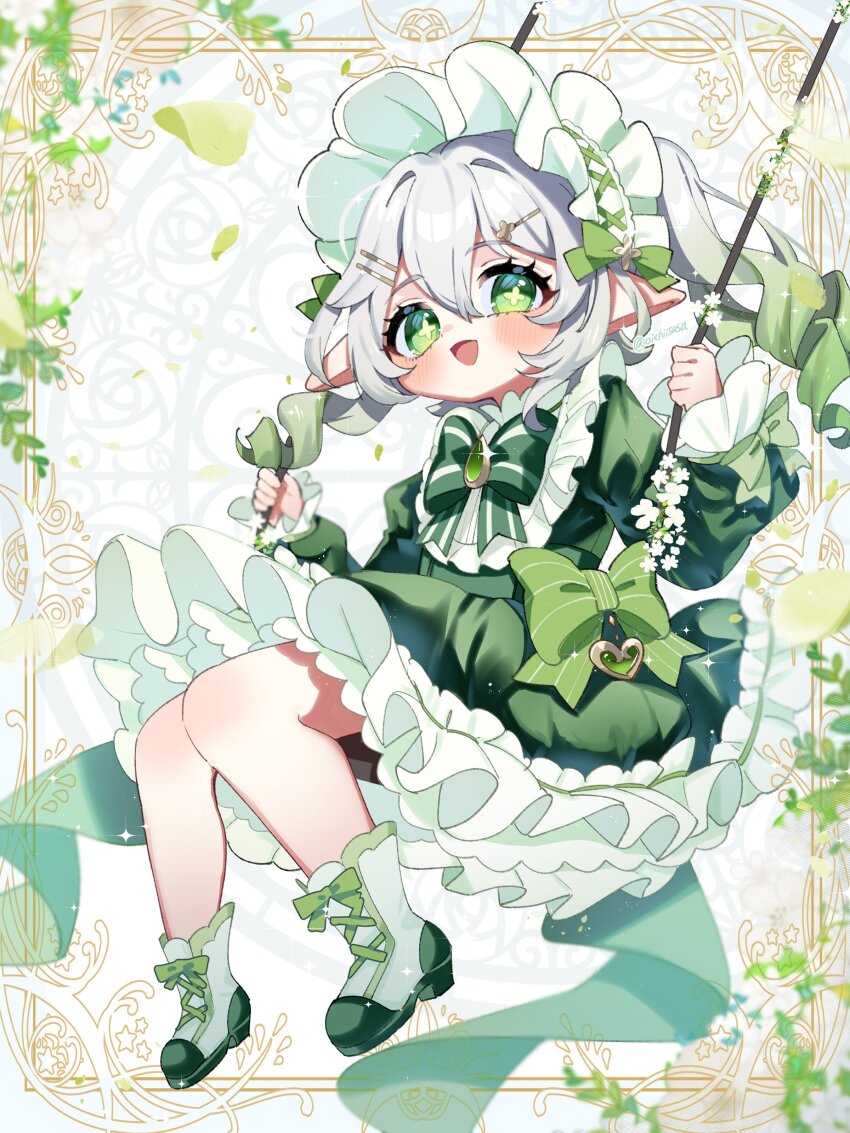 1girl :d absurdres adapted_costume blush bow bowtie commentary_request dress frilled_hairband frills from_side full_body gem genshin_impact gradient_hair green_bow green_bowtie green_dress green_eyes green_footwear green_gemstone green_hair hair_between_eyes hair_ornament hairband hairpin highres layered_dress long_hair long_sleeves looking_at_viewer multicolored_hair multiple_hairpins nahida_(genshin_impact) oishii_sasa open_mouth pointy_ears side_ponytail sitting smile solo swing symbol-shaped_pupils two-tone_dress white_dress white_hair white_hairband