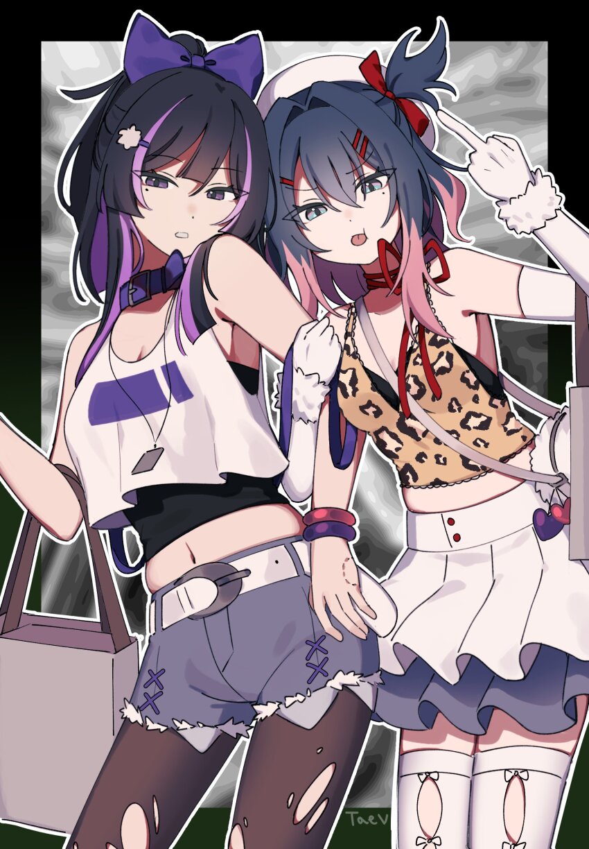 2girls absurdres alternate_costume bare_shoulders black_hair black_survival bow breasts brown_pantyhose choker cowboy_shot crop_top crop_top_overhang cutoffs denim denim_shorts eternal_return:_black_survival grey_shorts hair_bow highres hisui_(black_survival) jaguar_print long_hair looking_at_viewer midriff miniskirt multicolored_hair multiple_girls navel pantyhose pleated_skirt ponytail purple_choker shirt short_shorts shorts skirt sleeveless sleeveless_shirt small_breasts streaked_hair taenyaki thighhighs torn_clothes torn_pantyhose tsubame_(black_survival) white_shirt white_skirt white_thighhighs zettai_ryouiki