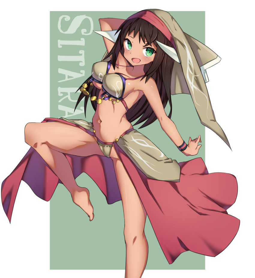 1girl absurdres alice_gear_aegis arm_up barefoot ben1shoga bikini blue_eyes breasts brown_hair dancer grey_background grey_bikini grey_headwear harem_outfit highres kaneshiya_sitara leg_up long_hair medium_breasts navel open_mouth pink_skirt showgirl_skirt simple_background skirt smile solo standing standing_on_one_leg swimsuit thighs