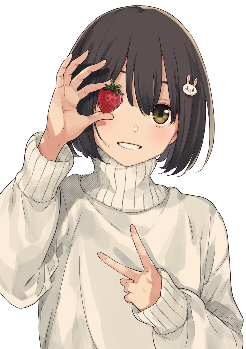 1girl blush brown_hair rabbit_hair_ornament fingernails food fruit hair_ornament highres holding holding_food imigimuru kono_bijutsubu_niwa_mondai_ga_aru! light_blush long_fingernails medium_hair parted_lips simple_background smile solo strawberry sweater usami_mizuki v white_background white_sweater yellow_eyes