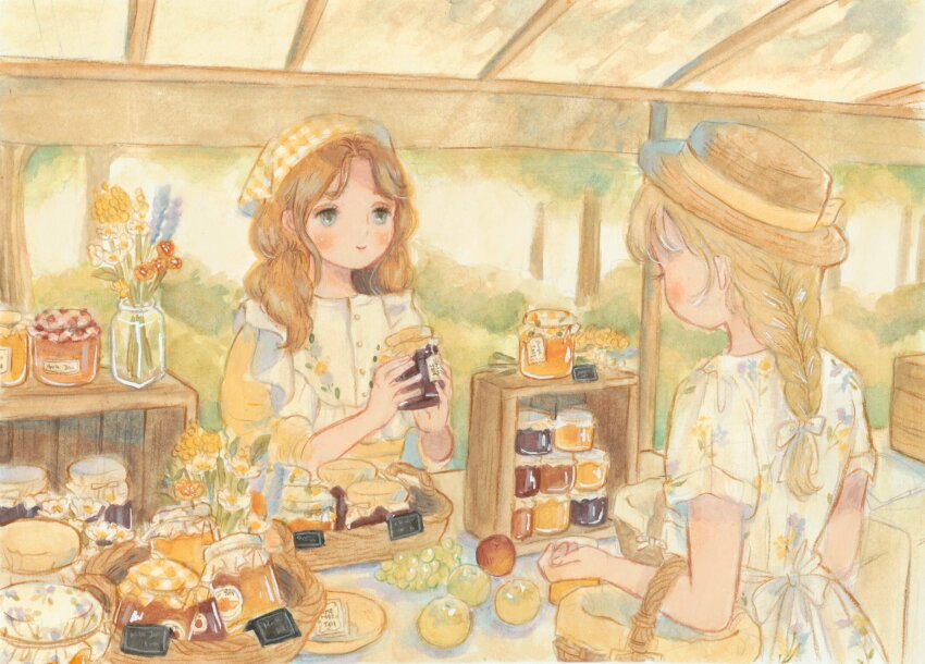 2girls basket blonde_hair brown_hair bush carrie_(carriedraw) crate flower forest hat highres holding holding_jar honey jam jar multiple_girls nature original ponytail shop tree yellow_flower