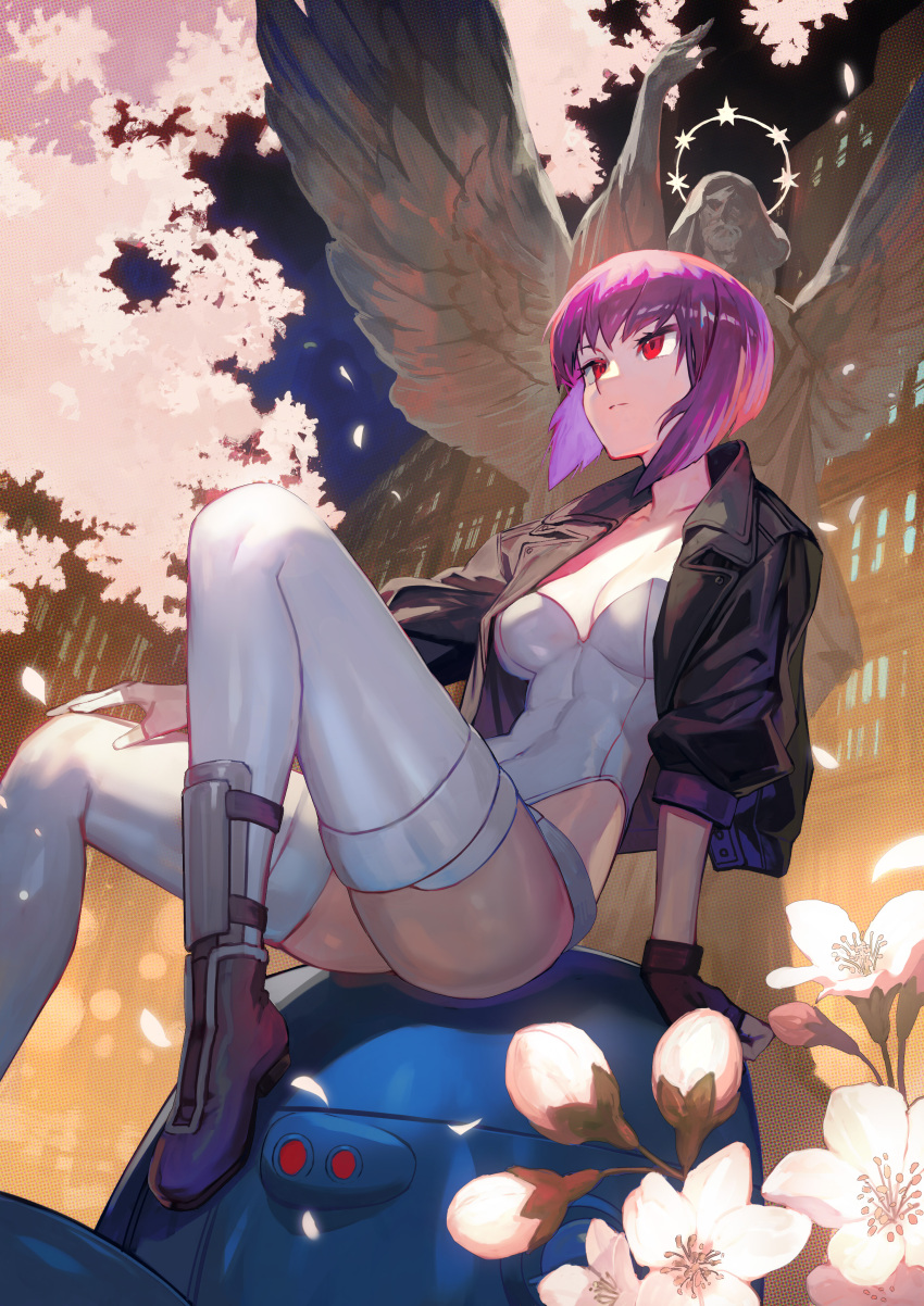 1girl absurdres angel_statue black_jacket breasts closed_mouth collarbone cropped_jacket fingerless_gloves flower ghost_in_the_shell ghost_in_the_shell:_stand_alone_complex gloves highres jacket kusanagi_motoko lack purple_hair red_eyes short_hair sitting solo tachikoma thighhighs