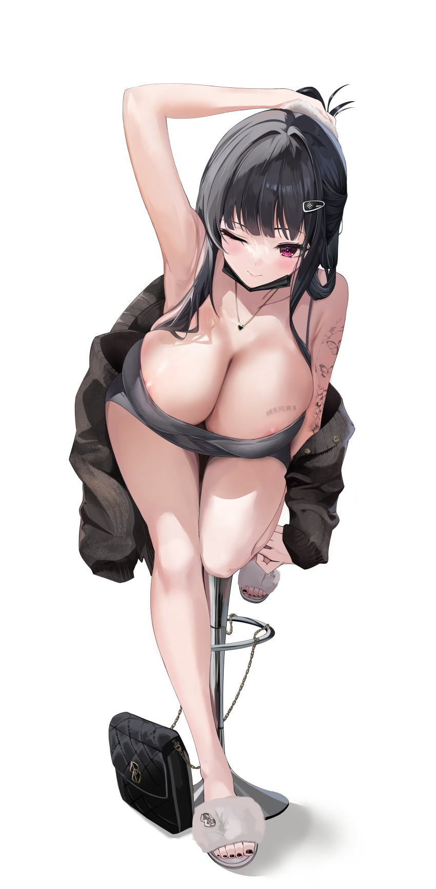 1girl absurdres areola_slip armpits bag bare_shoulders black_hair black_nails blush breasts cleavage commentary d_(killer_wife)_(nikke) d_(nikke) dress english_commentary feet full_body goddess_of_victory:_nikke grey_dress hair_ornament hairclip handbag hido_(cherryhido) highres jewelry large_breasts leg_up legs long_hair nail_polish necklace off_shoulder one_eye_closed purple_eyes revision sandals slippers smile solo stool tattoo toenail_polish toenails toes