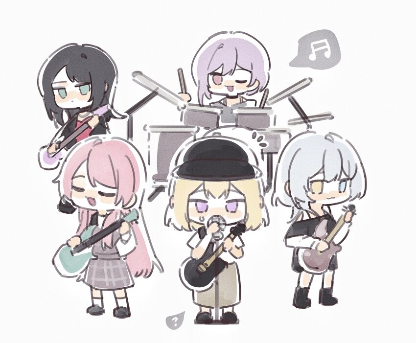 5girls absurdres bang_dream! bang_dream!_it&#039;s_mygo!!!!! baseball_cap black_hair black_hat black_shirt blue_eyes blush brown_skirt chihaya_anon closed_eyes commentary dress drum drum_set drumsticks electric_guitar grey_dress guitar haobuguniao hat heterochromia highres holding holding_drumsticks instrument kaname_raana layered_sleeves long_sleeves medium_hair misumi_uika multiple_girls musical_note one_eye_closed open_mouth pinafore_dress pink_eyes pink_hair purple_eyes purple_hair shirt short_over_long_sleeves short_sleeves simple_background skirt sleeveless sleeveless_dress spoken_musical_note sweatdrop symbol-only_commentary white_background white_hair white_shirt yahata_umiri yellow_eyes yuutenji_nyamu