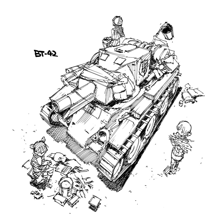 10s 3girls aki_(girls_und_panzer) bt-42 chomoran girls_und_panzer greyscale highres long_hair mika_(girls_und_panzer) mikko_(girls_und_panzer) military military_vehicle monochrome motor_vehicle multiple_girls short_hair simple_background tank