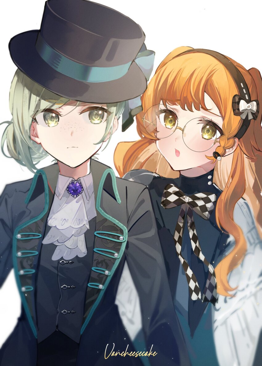 2girls :o absurdres artist_name ascot black_bow black_coat black_hairband black_hat black_vest blue_dress boater_hat bow capelet checkered_ribbon coat collared_shirt commentary dress english_commentary glasses green_eyes grey_eyes grey_hair hair_bow hair_bun hairband hat highres long_hair looking_at_viewer multiple_girls neck_ribbon orange_hair purple_brooch reverse:1999 ribbon round_eyewear shirt single_side_bun sonetto_(emotion_in_tranquility)_(reverse:1999) sonetto_(reverse:1999) upper_body vancheesecake vertin_(reverse:1999) vest waistcoat white_ascot white_background white_capelet white_shirt