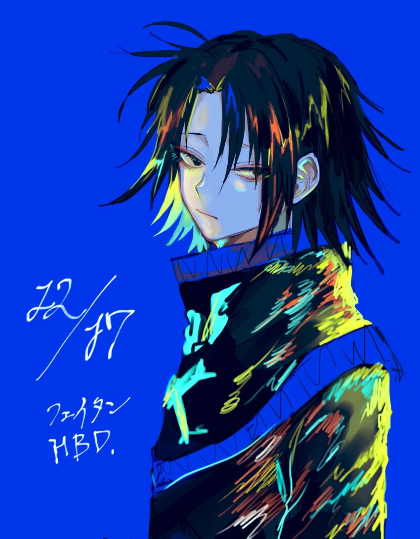 1boy asuhayaiba black_eyes black_hair blue_background commentary_request feitan_portor highres hunter_x_hunter long_sleeves looking_at_viewer male_focus short_hair simple_background solo