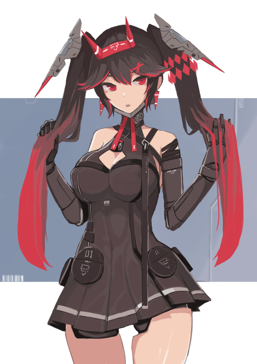 1girl bare_shoulders black_dress black_gloves black_hair dress earrings elbow_gloves gloves highres holding holding_own_hair jack_(darkshero) jewelry looking_at_viewer lucia:_dawn_(pgr) lucia_(pgr) multicolored_hair open_mouth punishing:_gray_raven red_eyes sleeveless sleeveless_dress solo streaked_hair twintails