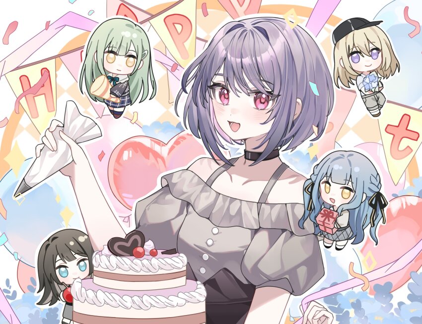 5girls artist_request ave_mujica_(bang_dream!) balloon bang_dream! bang_dream!_it&#039;s_mygo!!!!! bare_shoulders baseball_cap birthday birthday_cake black_choker black_hair black_hat black_ribbon black_shirt black_skirt blonde_hair blue_eyes blue_hair bouquet box cake chinese_commentary choker closed_mouth commentary_request commission confetti flower food gift gift_box green_hair grey_pants grey_shirt grey_skirt hair_ornament hair_ribbon hairclip happy_birthday hat heart_balloon highres holding holding_bouquet holding_box holding_party_popper holding_pastry_bag icing long_hair medium_hair misumi_uika multiple_girls off-shoulder_shirt off_shoulder open_mouth pants party_popper pastry_bag pink_eyes plaid_clothes plaid_skirt purple_eyes purple_hair ribbon second-party_source shirt short_hair skirt smile solo_focus togawa_sakiko two_side_up wakaba_mutsumi white_shirt yahata_umiri yellow_eyes yuutenji_nyamu