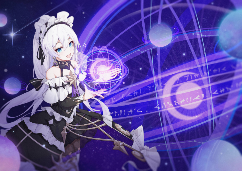 1girl :d absurdres bare_shoulders black_dress blue_eyes dress frilled_dress frills hair_between_eyes highres honkai_(series) honkai_impact_3rd long_hair long_sleeves looking_at_viewer open_mouth planet smile solo space star_(sky) theresa_apocalypse theresa_apocalypse_(celestial_hymn) theresa_apocalypse_(empyrean_psalms) twintails white_hair wood_cube