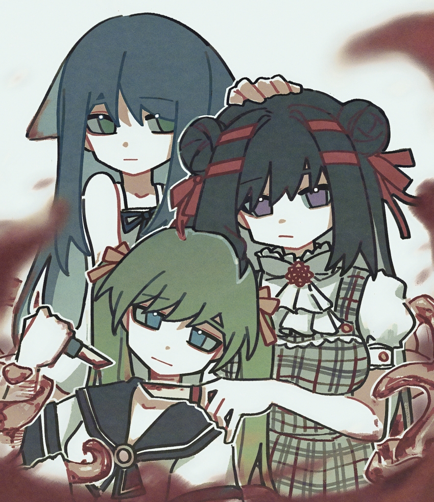 3girls :/ :| absurdres ascot black_hair black_sailor_collar blood blue_eyes blue_hair boxcutter breasts brown_ribbon chinese_commentary closed_mouth commentary_request crossover dark_blue_hair double_bun green_eyes green_hair grey_skirt grey_vest hair_bun hair_intakes hair_ribbon hand_on_another&#039;s_head highres holding holding_weapon jisatsu_no_tame_no_101_no_houhou kanzaki_manami long_hair manakashi_no_yuri_wa_akaku_somaru medium_breasts multiple_crossover multiple_girls outline plaid_clothes plaid_skirt plaid_vest puffy_short_sleeves puffy_sleeves purple_eyes red_ribbon rhea_(rhea0623lys) ribbon sailor_collar sailor_shirt saya_(saya_no_uta) saya_no_uta self-harm shirt short_sleeves skirt tentacles tsukishiro_kanna_(jisatsu_no_tame_no_101_no_houhou) twintails vest weapon white_ascot white_outline white_shirt