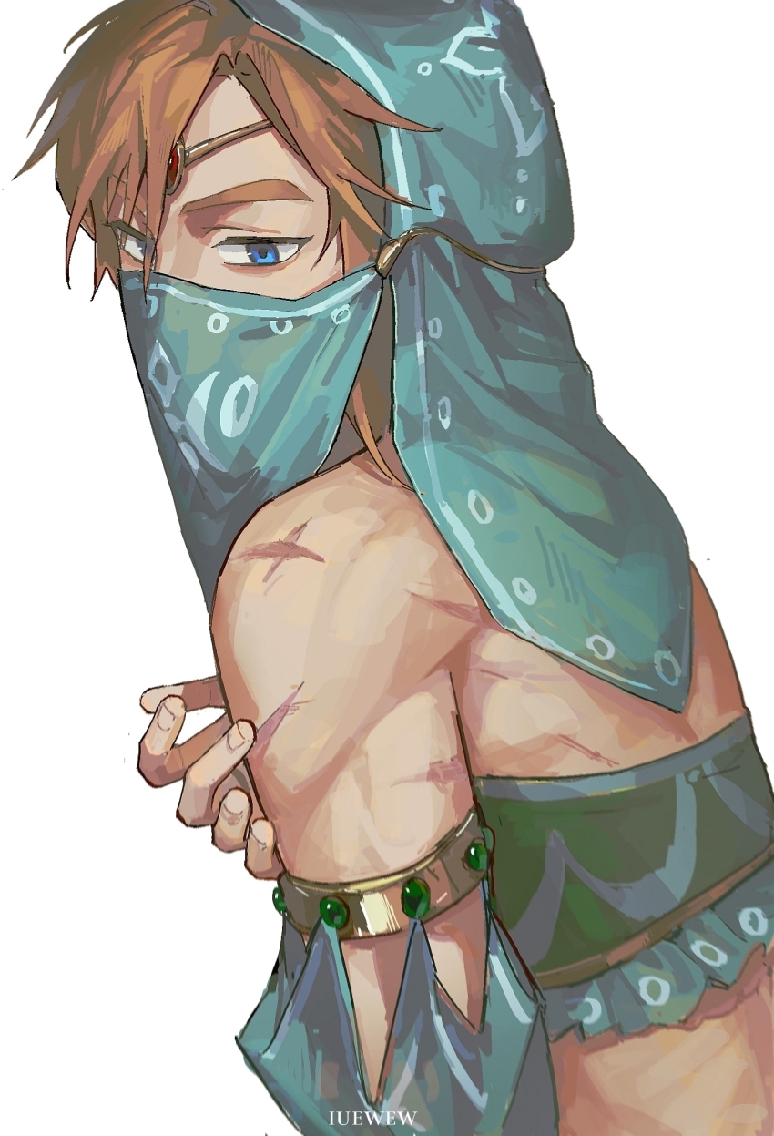 1boy blonde_hair blue_eyes chinese_commentary commentary_request covered_mouth detached_sleeves gem gerudo_set_(zelda) harem_outfit highres iuew link male_focus medium_hair mouth_veil nintendo scar scar_on_arm scar_on_back simple_background solo the_legend_of_zelda the_legend_of_zelda:_breath_of_the_wild upper_body veil white_background