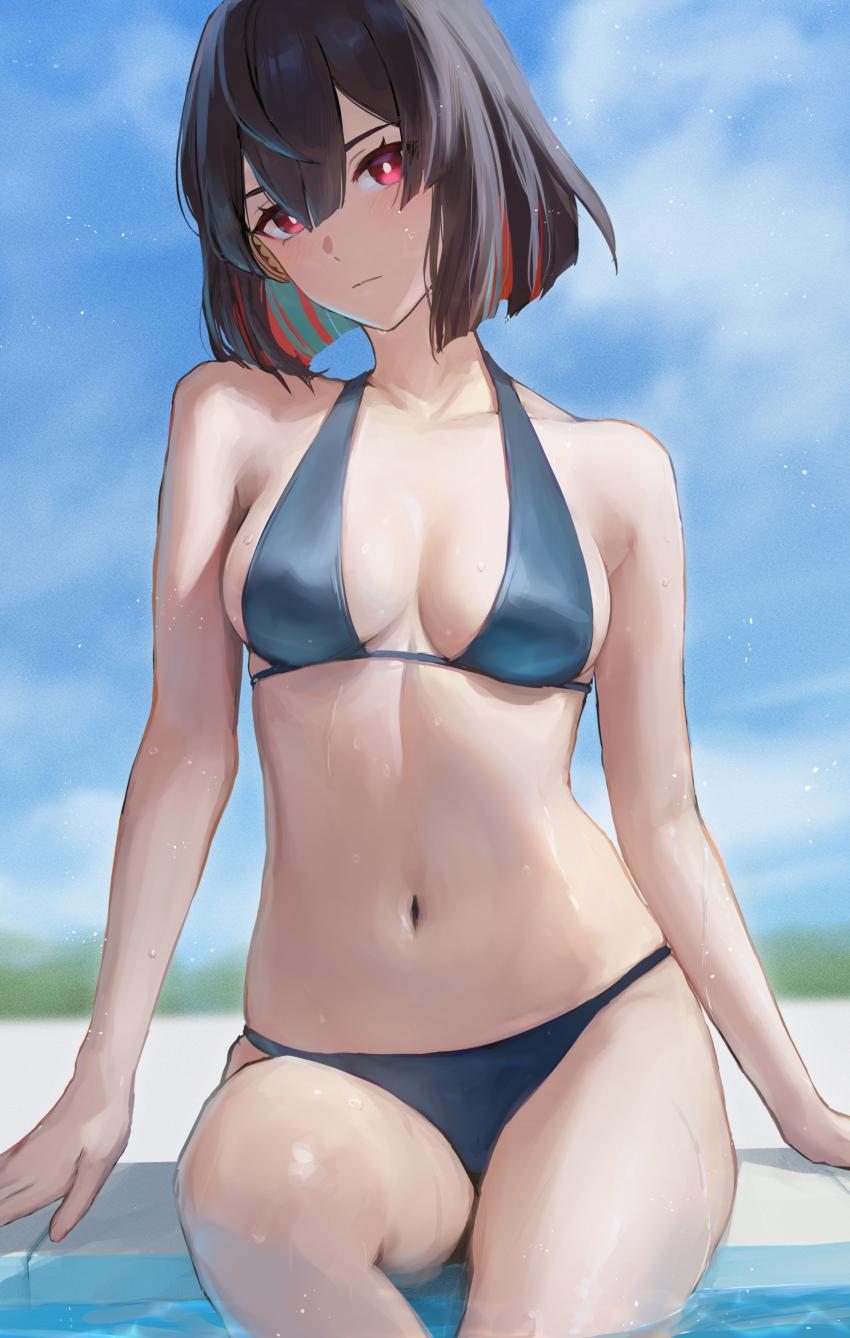 1girl arm_support bare_arms bare_legs bare_shoulders bikini black_hair blue_bikini blurry blurry_background breasts closed_mouth commentary_request cowboy_shot day expressionless hair_between_eyes highres honkai:_star_rail honkai_(series) looking_at_viewer michiko_(ui29) multicolored_hair navel outdoors pool red_eyes red_hair short_hair sideboob sitting soaking_feet solo stomach swimsuit wet xueyi_(honkai:_star_rail)