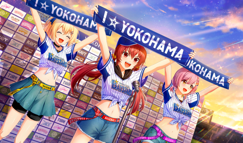 3girls :d ^_^ agatsuma_sora arms_up baseball_stadium baseball_uniform belt bike_shorts_under_skirt black_choker black_shorts black_undershirt blonde_hair blue_bow blue_shorts blue_skirt bow choker cinderella_series closed_eyes cloud dutch_angle film_grain game_cg hachigatsu_no_cinderella_nine hair_bow hair_ornament hairclip high_ponytail highres holding holding_towel light_particles light_rays long_hair looking_ahead low_twintails microphone microphone_stand multiple_girls navel nippon_professional_baseball non-web_source official_alternate_hairstyle official_art open_mouth orange_sky outdoors pink_hair pleated_skirt purple_belt red_belt red_eyes red_hair sakurada_chiyo scoreboard shirt shirt_under_shirt short_sleeves shorts skirt sky smile sparkle sportswear standing striped_clothes striped_shirt sunbeam sunlight takanashi_yuzu teeth tied_shirt towel twintails upper_teeth_only v-shaped_eyebrows yellow_belt yellow_eyes yokohama_dena_baystars