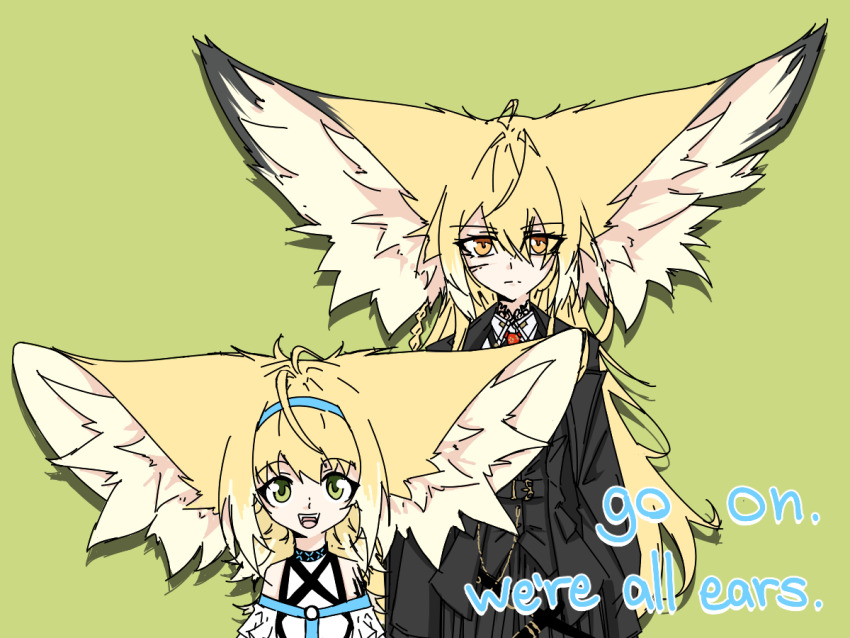 2girls :d ahoge anatomical_nonsense animal_ear_fluff animal_ears arknights bare_shoulders black_collar black_jacket blonde_hair blue_hairband closed_mouth collar commentary cropped_torso english_commentary english_text fox_ears fox_girl green_background green_eyes hair_between_eyes hairband infection_monitor_(arknights) jacket large_ears material_growth mother_and_daughter multiple_girls necktie open_mouth orange_eyes oripathy_lesion_(arknights) red_necktie scar scar_on_face simple_background smile solo suzuran_(arknights) teeth tofusquisha upper_teeth_only vulpisfoglia_(arknights)