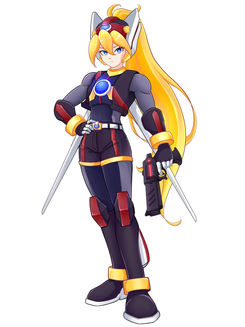 1girl absurdres alternate_costume armor armored_boots belt blonde_hair blue_eyes bodystocking boots breasts chest_jewel ciel_(mega_man) commission commissioner_upload forehead_jewel gauntlets gloves gun hand_on_own_hip helmet highres holding holding_gun holding_weapon jet_boots knee_pads mega_man_(series) mega_man_zero_(series) mega_man_zx model_a_(mega_man) non-web_source ponytail shorts sleeveless sleeveless_jacket small_breasts transparent_background uta_guipiy weapon wings