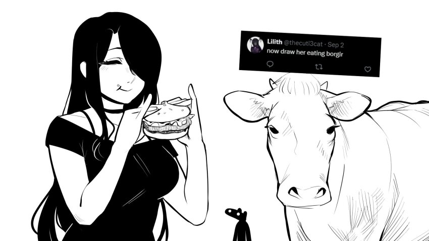 1girl animal breasts burger closed_mouth collarbone cow creature eating english_text food food_focus food_on_face hair_over_one_eye highres holding holding_burger holding_food large_breasts light_blush monochrome nila_(telepurte) off-shoulder_shirt off_shoulder original shirt short_sleeves simple_background swept_bangs telepurte twitter_username white_background